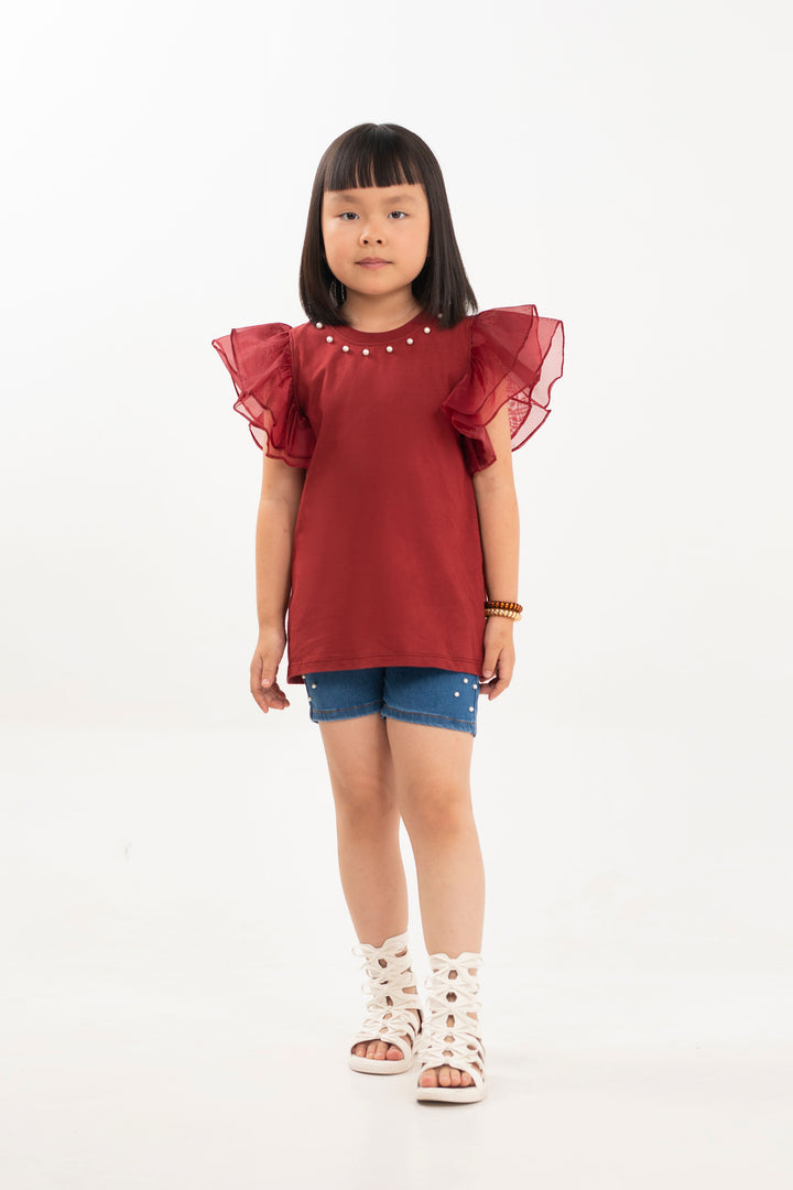 Ruffled Pearl Dress Maroon