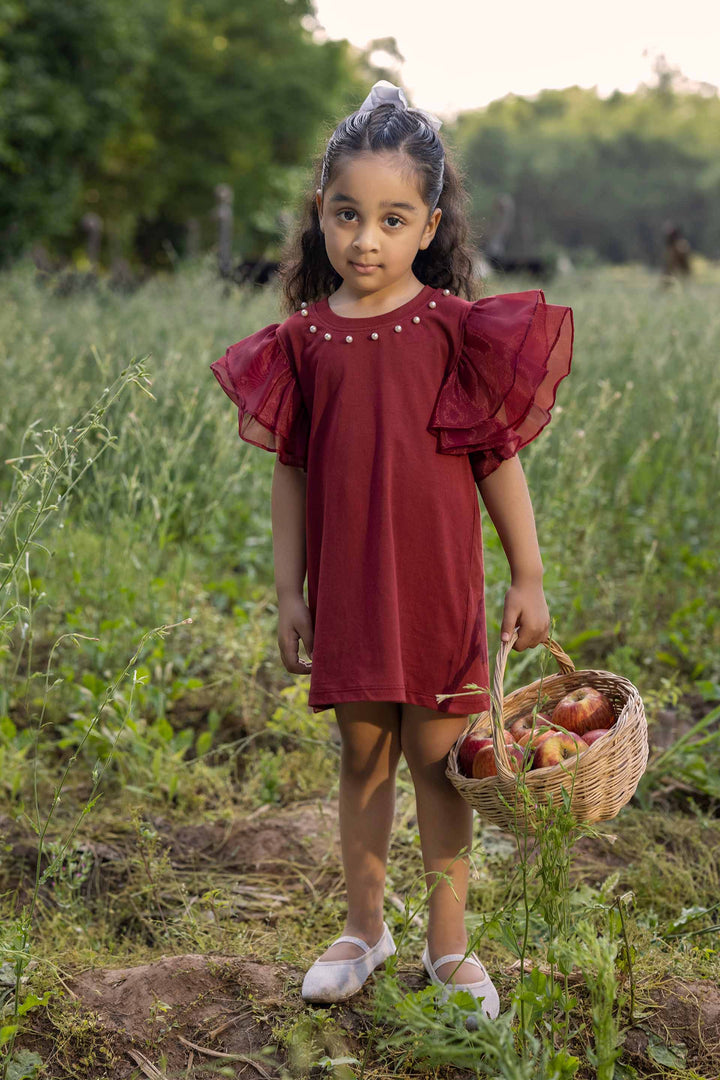 Ruffled Pearl Dress Maroon