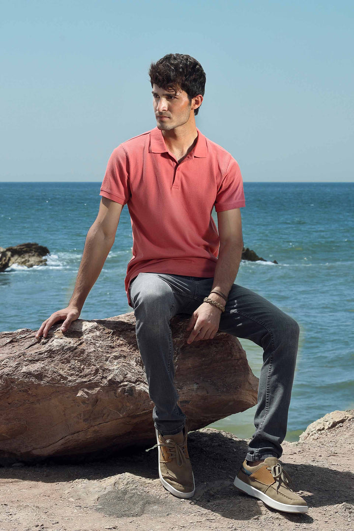 Ribbed Textured Polo Pink