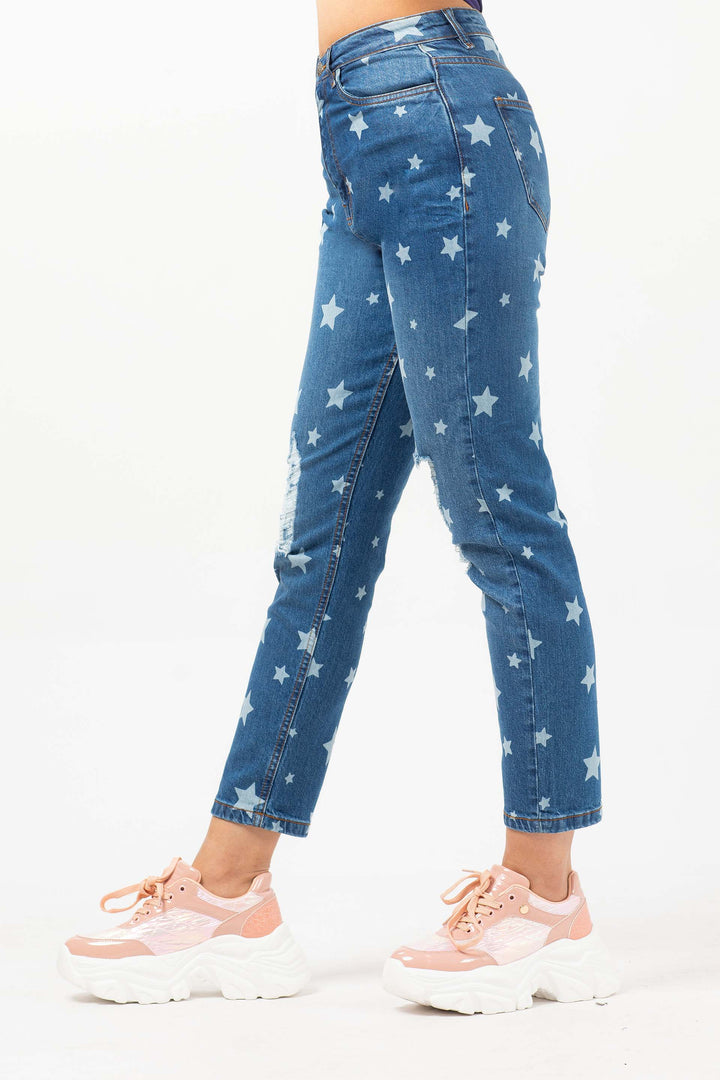 Printed Mom Jeans Blue