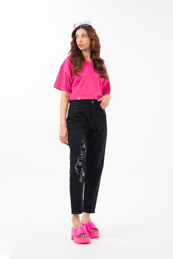 Embroidered Mom Jeans Black