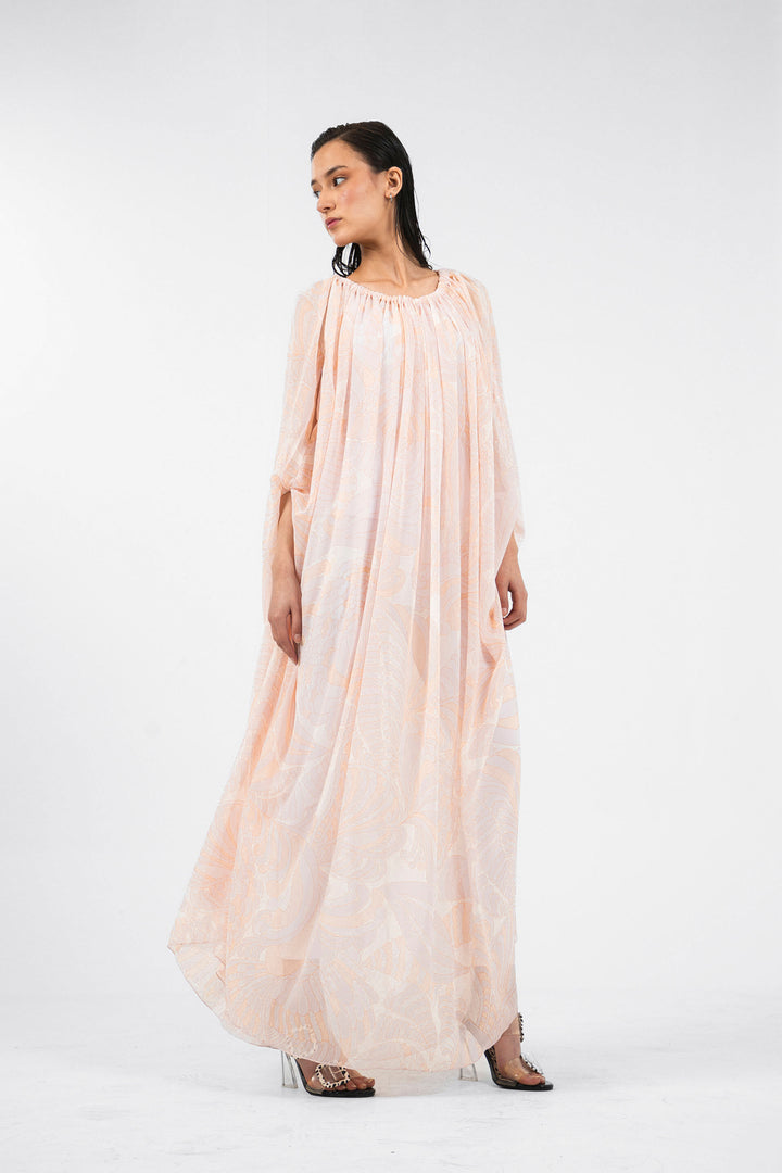 Sheer Gathered Dress Peach