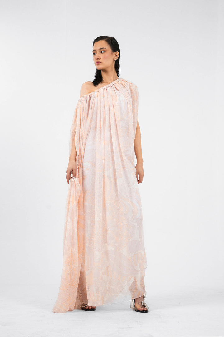 Sheer Gathered Dress Peach