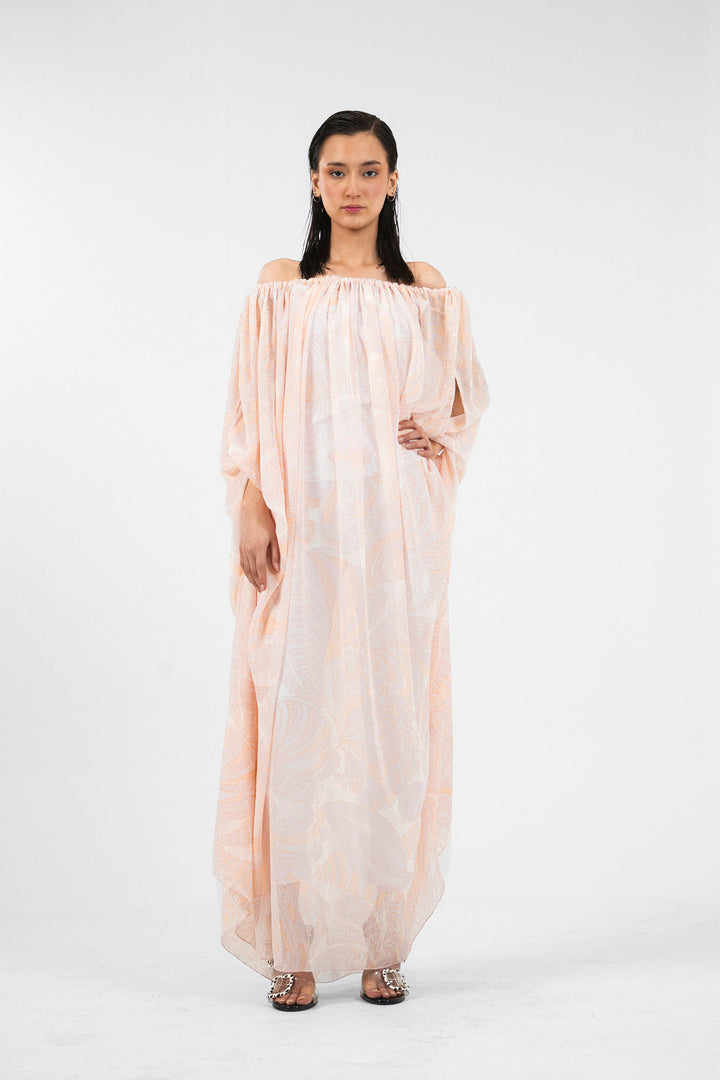 Sheer Gathered Dress Peach