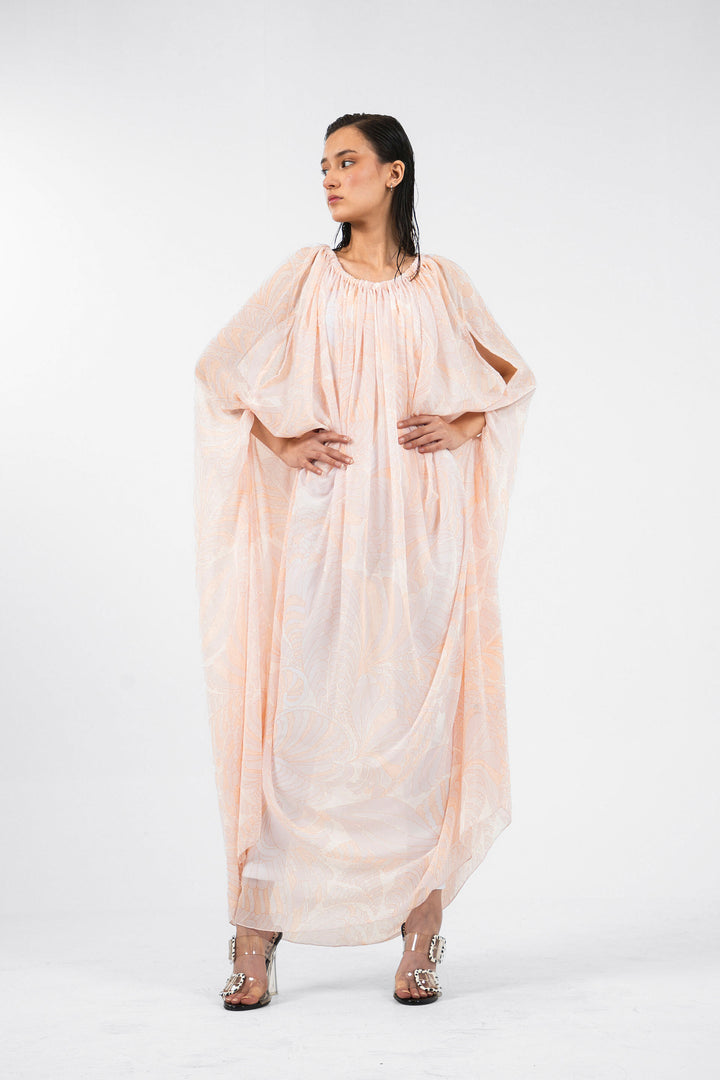 Sheer Gathered Dress Peach