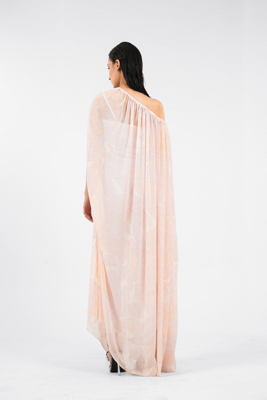 Sheer Gathered Dress Peach