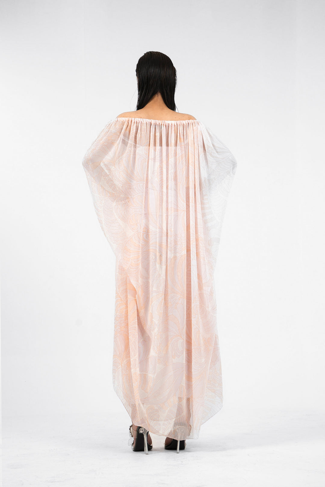 Sheer Gathered Dress Peach