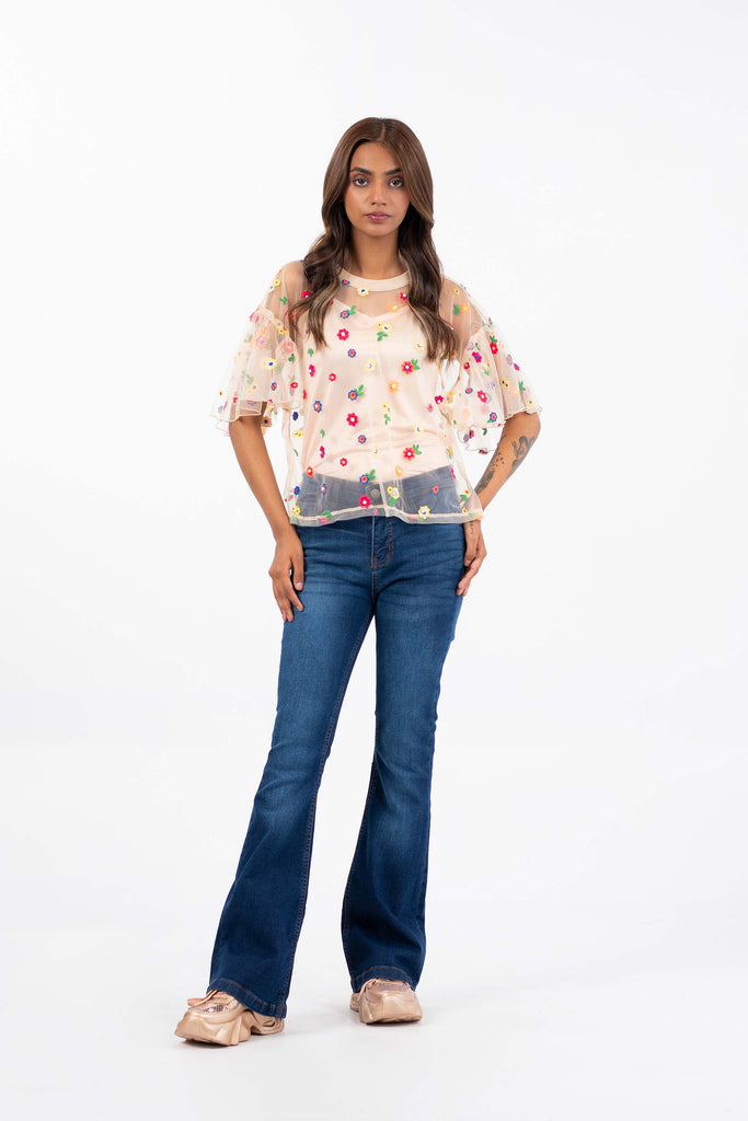 トップス UNEVEN EMBROIDERY SHEER TOP Women's Long Sleeve Lace Mesh Tops Crew Neck Sheer Floral